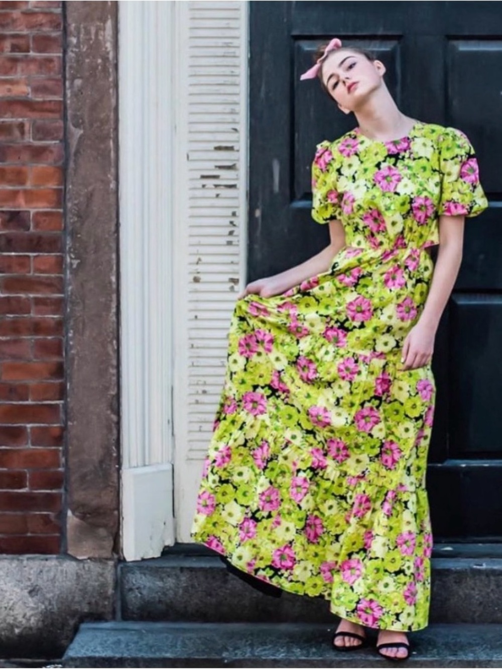 New WAYF Plaza Tiered Maxi Cutout Dress Floral Green Pink